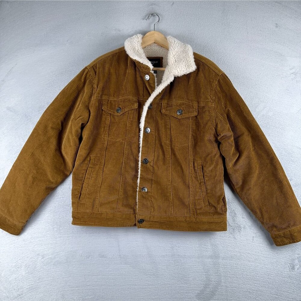 NWT Forever 21 Mens Corduroy Faux Shearling Trucker Jacket Size Large Tan/Cream